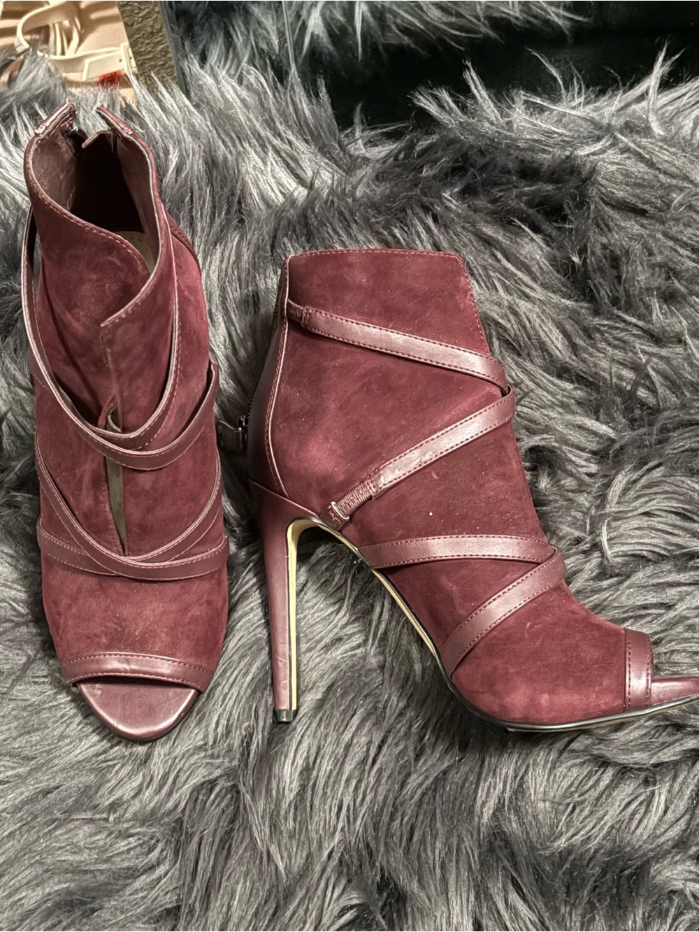 Guess Wine Burgundy Suede Peep-Toe Strappy Ankle Boots